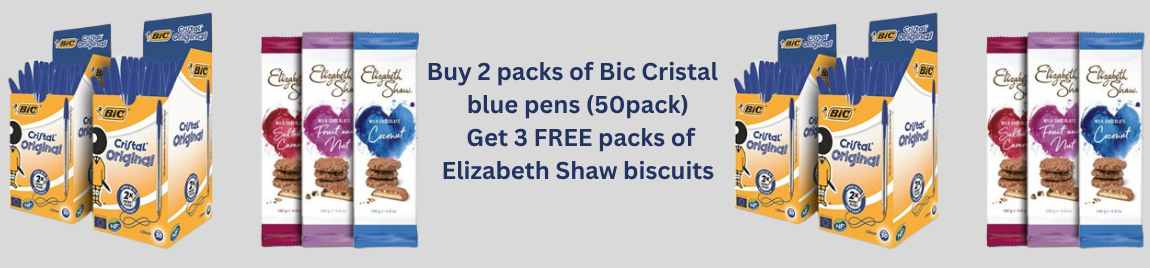 Boxes of BIC pens with 3 packets of biscuits